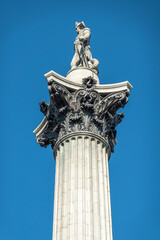 London, UK- July 4, 2022: Trafalgar Square. Closeup of Nelson statue on top of Nelson's Column...