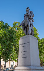 London, UK- July 4, 2022: Trafalgar Square. General Charles James Napier bronze statue on white...