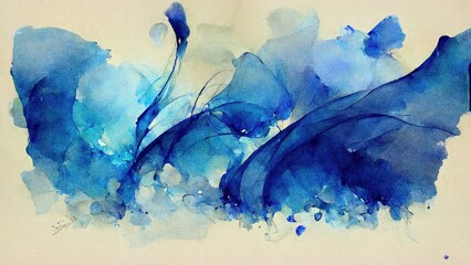 Blue watercolor with abstract shapes and forms on yellow paper. Water paint texture, water splatter, textured background in 4k. Artistic design.