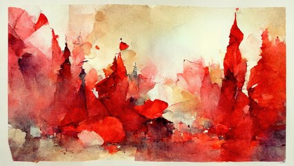 Red watercolor with abstract shapes and forms on yellow, brown paper. Water paint texture, water splatter, textured background in 4k. Artistic design, rough vintage look.