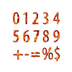 Vector burning digits. Collection of numbers, figures with flaming fire