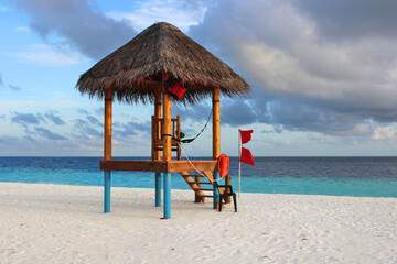 Maldives island tropical beach paradise blue turquoise water white sand summer holiday Lifeguard Cabin baywatch tower