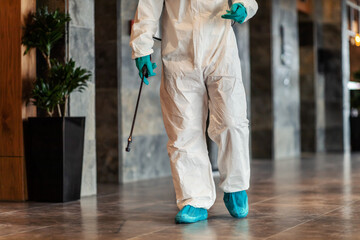 Close-up shot of an isolated sprayer for cleaning and disinfecting the coronavirus area in a hallway. Social distance, outbreak situation COVID19