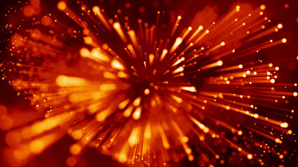 Fototapeta premium 3d rendering of abstract red fiery background with glowing particles like micro world science fiction with depth of field and bokeh. Red light rays like laser show for bright festive presentation