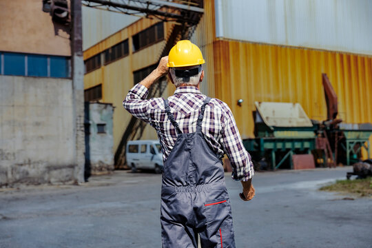 Factory worker going to his workplace. A senior factory worker puts the helmet on his head and walks to his workplace.