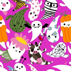 Cartoon Halloween seamless cute ghost pattern for festive wrapping paper and kids and notebooks and clothes print
