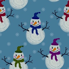 Winter seamless snowman and snowflakes pattern for Christmas wrapping paper and kids notebooks