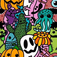 Obraz premium Halloween cartoon seamless doodle ghost and pumpkins and cactus and monsters pattern for wrapping and kid