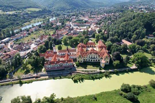 The Cistercian Abbey of Zbraslav, Abbey, church, monastery Zbraslav, Prague, Zbraslav castle,Czech republic, aerial panorama landscape, summer, spring, view, Zbraslavsky kl&aacute;&scaron;ter, Zbraslavsky zamek