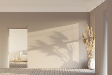 A modern empty room with sunlight on a blank beige wall, large ears of corn in a clay vase near the window, a doorway into a bright room with a glass floor lamp near a white modern sofa. 3d render