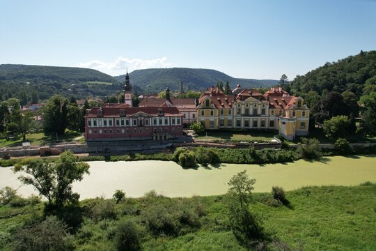 The Cistercian Abbey of Zbraslav, Abbey, church, monastery Zbraslav, Prague, Zbraslav castle,Czech republic, aerial panorama landscape, summer, spring, view, Zbraslavsky kl&aacute;&scaron;ter, Zbraslavsky zamek