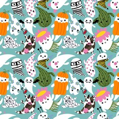 Cartoon Halloween seamless cute ghost pattern for festive wrapping paper and kids and notebooks and clothes print