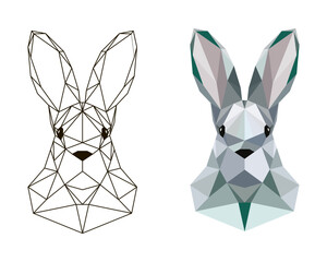 Vector geometric illustration of hare, rabbit. Abstract polygonal hare. Low poly rabbit. Head of a hare for coloring.