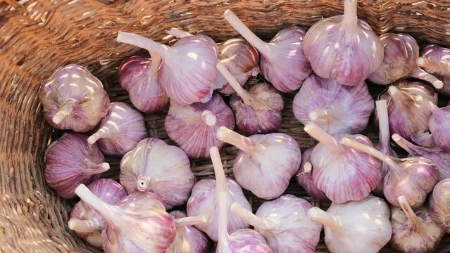 heads of garlic in a wicker basket