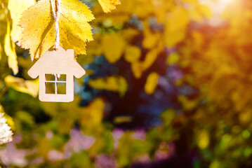 The symbol of the house hangs against the yellow autumn leaves
