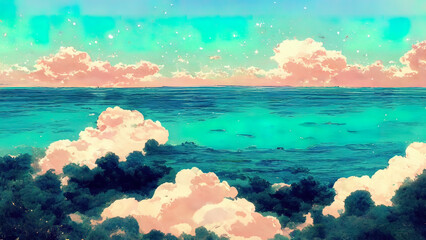 Fototapeta na wymiar Ocean and clouds anime, manga scenery. 4K drawing of a cloudscape, landscape. Colorful pink blue sea with cloud at dusk or dawn. Perfect wallpaper or background. Cartoon like painting.