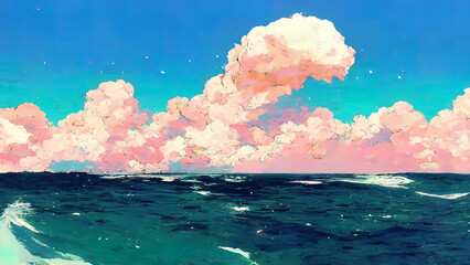 Ocean and clouds anime, manga scenery. 4K drawing of a cloudscape, landscape. Colorful pink blue sea with cloud at dusk or dawn. Perfect wallpaper or background. Cartoon like painting.
