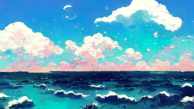 Ocean and clouds anime, manga scenery. 4K drawing of a cloudscape, landscape. Colorful pink blue sea with cloud at dusk or dawn. Perfect wallpaper or background. Cartoon like painting.