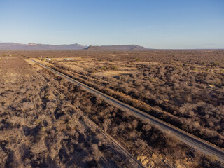 Beautiful road in the middle of the Brazilian savannah, the cerrado, surrounded by low plants with an endless straight track at sunset illuminating the scenery