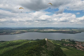 paragliding beauty of free flight, scenic panorama mountains,Palava,Pavlovske vrchy,Czech...