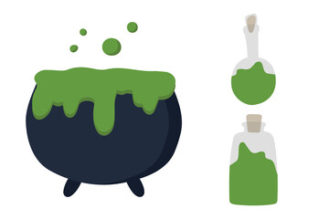 Steel cauldron with boiling green magic potion isolated on white background. Sketch for a poster or card for the holiday of all evil spirits Halloween.