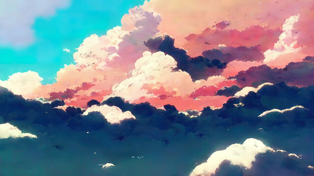 Anime, manga cloud painting. 4K sky wallpaper, moody, colorful background. A painted cloudscape, with pink and white clouds. Scenery of the sky at dusk or dawn. Drawing illustration.