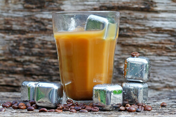 iced coffee with stainless steel ice cubes