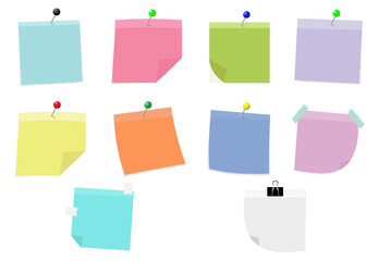 Note paper with pin. Transparent, corners, realistic, multicolored, notes set, bent, shadows, miscellaneous. 