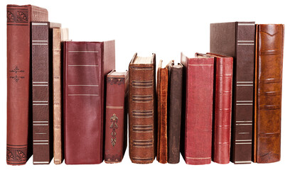 Varying ages and designs of the spines of old books, isolated - obrazy, fototapety, plakaty
