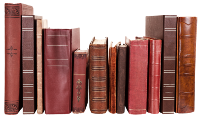 Varying ages and designs of the spines of old books, isolated