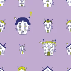 Fototapeten Happy Halloween haunted houses seamless pattern. Spooky print for T-shirt, paper, textile and fabric. Doodle vector illustration for decor and design. © Anna