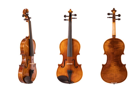 Violin on white background, diagonal, 
Old violin with front, back and side views.
