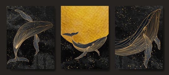 Luxury art background with whales and moon with stars in golden line style. Set of animalistic posters for decoration, print, wallpaper, interior design. - obrazy, fototapety, plakaty