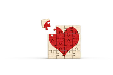 Love heart on jigsaw puzzle with one piece being placed, love, health, faith, life concept, 3D illustration on transparent background with shadow