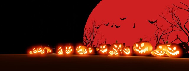 Halloween pumpkins smile and scary eyes with bats and graves backdrop. with a big blood moon, 3d render, banner.