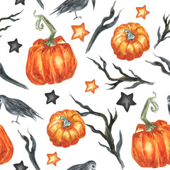Halloween seamless pattern on a white background with silhouettes of raven watercolor pumpkin , tree branches and stars