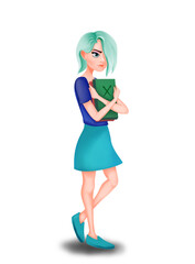 standing girl with blue hair and books in her hands