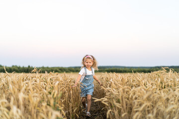 a little blonde curly girl running in a wheat field, the concept of human freedom