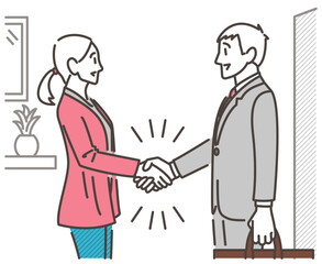 Woman shaking hands with a male door-to-door salesman at the entrance [Vector illustration].