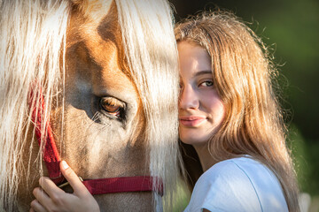 Girls and horses: Close-up of a teenager girl and her haflinger pony in summer outdoors