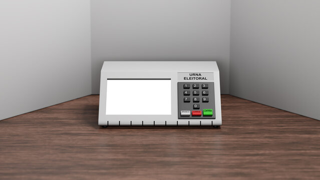 Renderiza&ccedil;&atilde;o 3D de urna eletr&ocirc;nica brasileira em cabine eleitoral branca, com tela branca e escritas dizendo em portugu&ecirc;s: "branco", "corrige", "confirma" e "urna eleitoral"