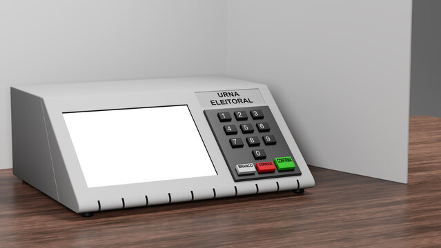 Renderiza&ccedil;&atilde;o 3D de urna eletr&ocirc;nica brasileira em cabine eleitoral branca, com tela branca e escritas dizendo em portugu&ecirc;s: "branco", "corrige", "confirma" e "urna eleitoral"