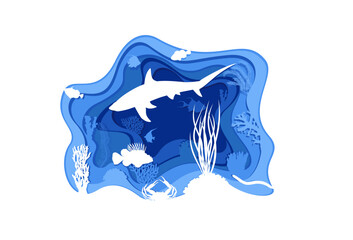 Vector layered paper cut style underwater sea illustratio with shark, pterois, crab and coral reef