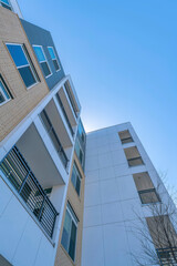 Low angle view of a building with bricks and balconies at San Antonio, Texas