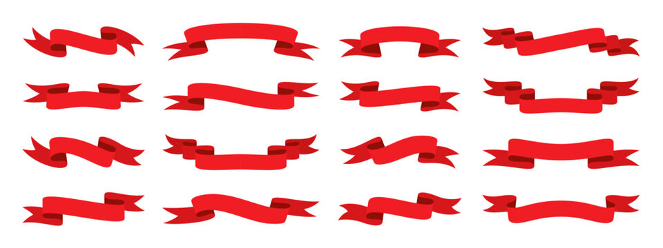 Red ribbon flat set. Blank tape banner for advertising promotion, sale text, heading, title decoration, badge, emblem, frame. Curled, scroll ribbons. Elegant retro flag, background stripe