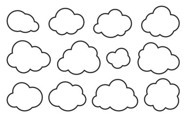 Cloud thin line icons set. Outline vector sign. Linear symbol of weather or database, network, internet storage. Logo design template. Overcast, cleen cloudy sky graphic element collection
