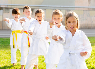 Fototapeta na wymiar Group of kids in white kimono training outdoors on green grass.