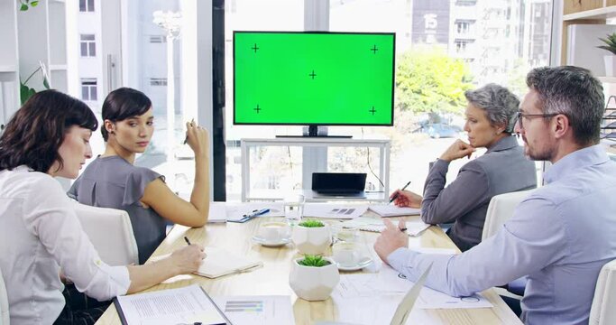 Green Screen, Copyspace And Chromakey With Tracking Markers On A Screen In A Boardroom At A Meeting. Fast Forward Timelapse Of Colleagues And Coworkers Talking Strategy, Planning And Brainstorming