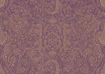 Hand-drawn unique abstract symmetrical seamless gold ornament on a purple background. Paper texture. Digital artwork, A4. (pattern: p01a)