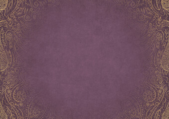 Purple textured paper with vignette of golden hand-drawn pattern and golden glittery splatter on a darker background color. Copy space. Digital artwork, A4. (pattern: p01a)